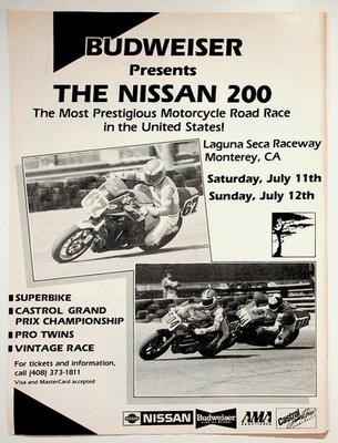 Budweiser Nissan 200 Motorcycle Race Flyer Laguna Seca Monterey CA Vintage