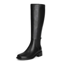 QIY Black Knee High Boots for Women Riding Boots Chunky Heel Black Leather Bo...