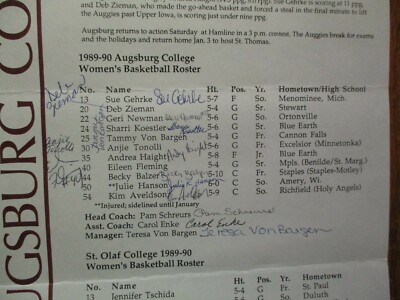 1989 Augsburg College Women Basketball Roster(13 Sign/PAM