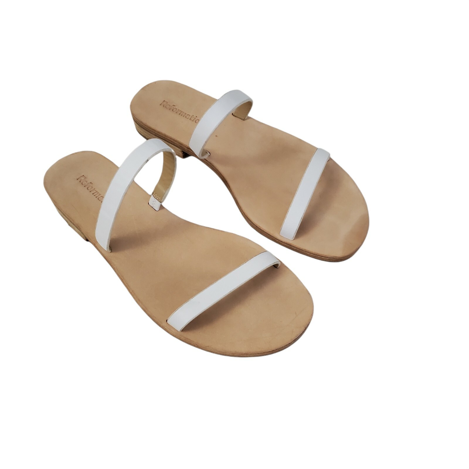 Reformation White Tan Leather Strappy Slip On Summer Sandals for Beach-image