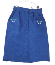 Vintage Womens M Denim Pencil Skirt Blue Floral Embroidery Cottage Button Front