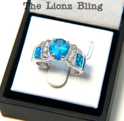 Bling! .925 Silver Ring w/ Ocean Blue Topaz,  Fire Opal & CZ Accents - Size 7.25