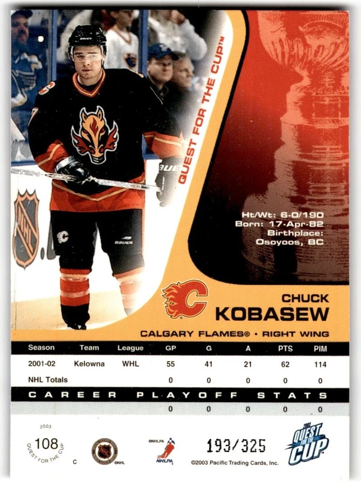 Chuck Kobasew 2002-03 Pacific Quest for the Cup Gold Rookie /325 #108 Calgary - Image 2 of 2