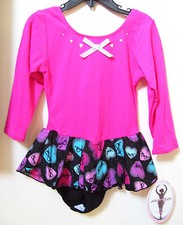 Jacques Moret Pink Bow Bow Hearts 3/4 Sleeve Skirtall Dance Leotard Sz L 12-14