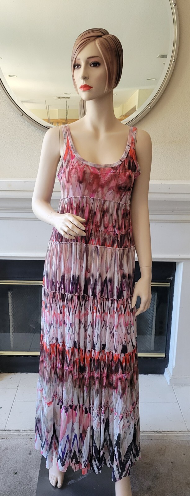 NEW Fuzzi GAULTIER Soleil Tiered Pink Abstract Tye Dye Maxi Swing Summer Dress M