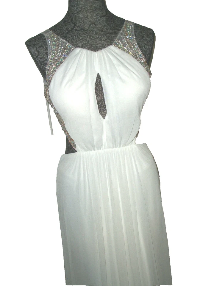 Terani Couture Jeweled Cutout Back Chiffon Mermaid Gown White $398 `Size 6` - Image 3 of 4