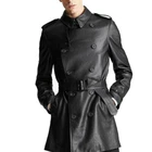 NEW Men Genuine Lambskin Real Leather Trench Coat Black Long Belted Jacket