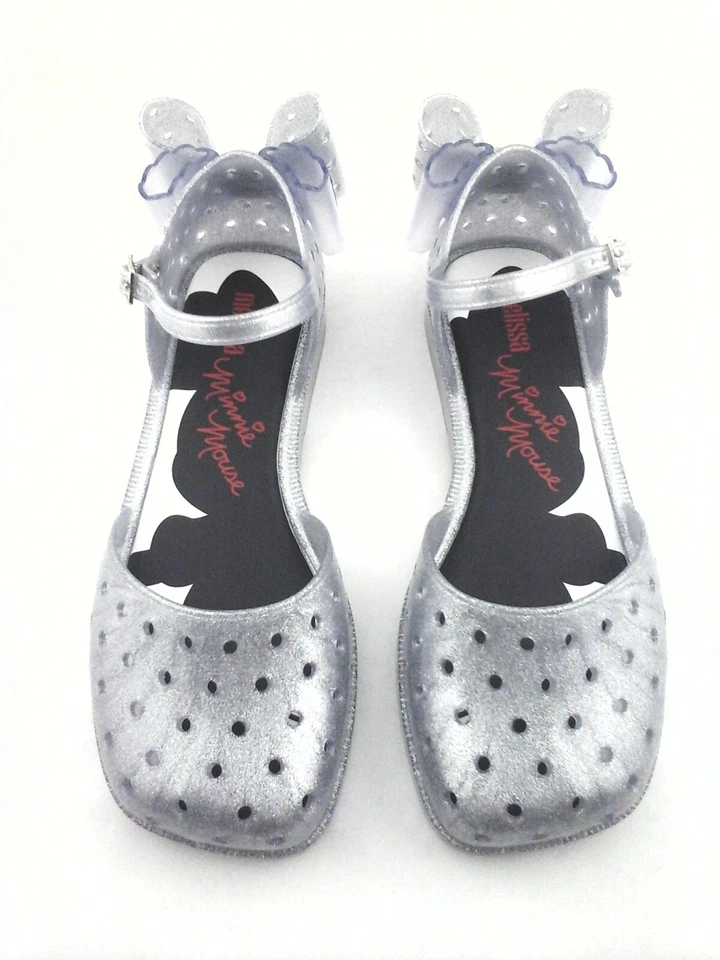 MELISSA Minnie Mouse Chrome Silver Glitter Mary Jane PVC Bow Shoes US 6/37 RARE - Image 3 of 4