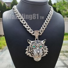 Icy Silver Plated Alloy Tiger Pendant  Cubic Zirconia Iced Cuban Chain Necklace