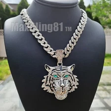Icy Silver Plated Alloy Tiger Pendant & Cubic Zirconia Iced Cuban Chain Necklace