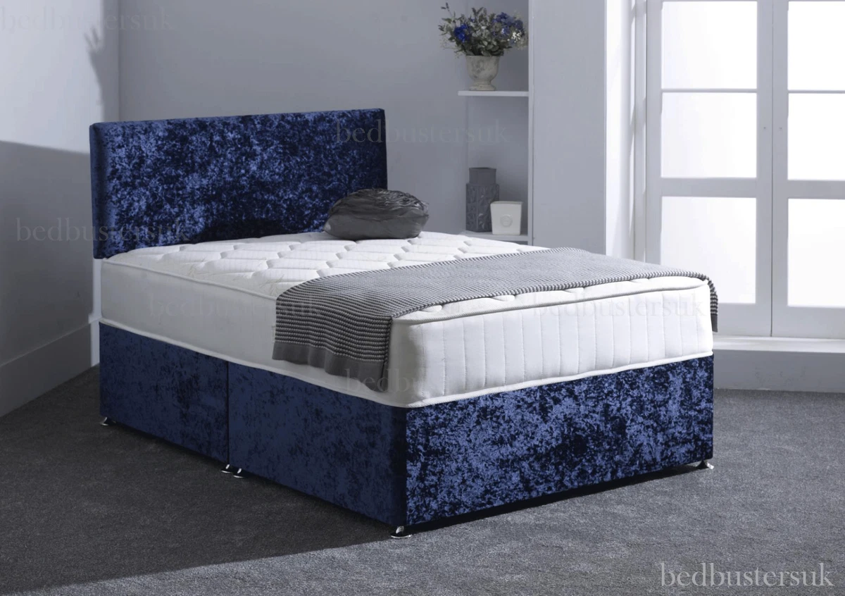 NEW BLUE CRUSHED VELVET DIVAN BED MATCHING MATTRESS FREE 20