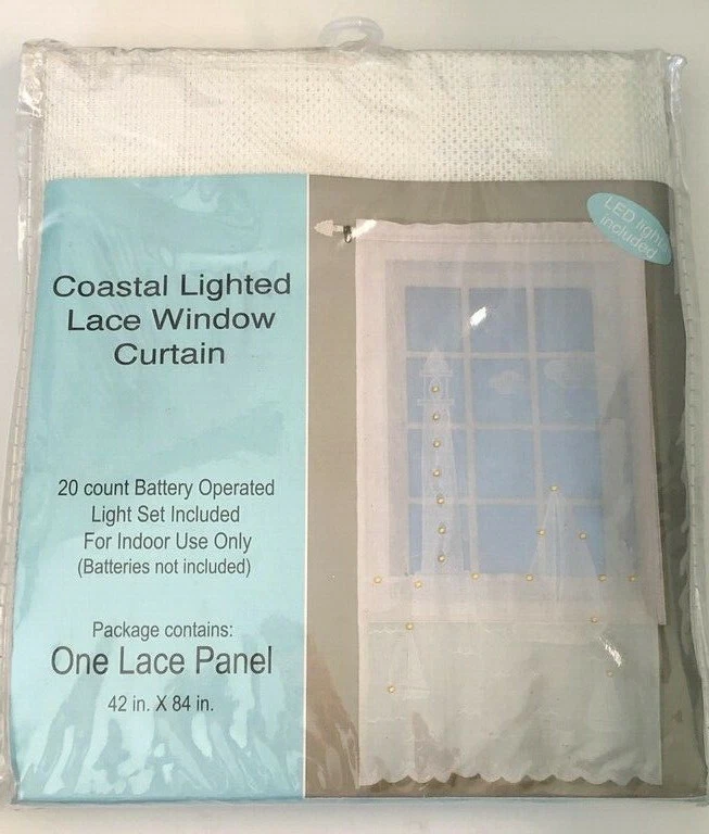 Coastal White Lighted Lace Window Panels Set of 2 Sailboats Lighthouse Nautical - Image 4 of 4
