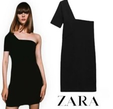 Zara One Shoulder Bodycon Dress Women's Size L Ribbed Little Black Stretch Dress