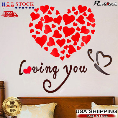 3D Love Rose Heart Wall Murals for Living Room Bedroom Decal Stickers DIY Decor
