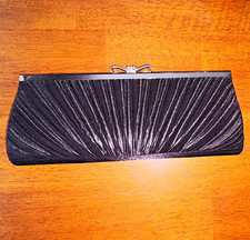 Black Pleated Small Clutch Evening Bag Rhinestone Bow Clasp, Strap, Lined