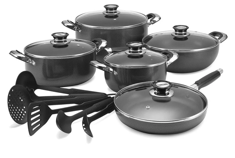 NEW 16 Piece Non-Stick Aluminum Cookware Set - Stock Pots, Pans Lids + Utensils - Image 2 of 3