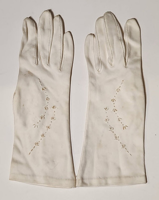 Vintage White 100% Cotton Dress Gloves Embroidered Formal Tea Party Costume