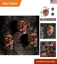 3-Pack Animated Skull Heads with Light-Up Eyes - Halloween Decor for Spooky Fun