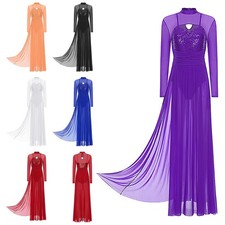 Women Skirt Mockneck Dancewear Practice Dress Prom Lyrical Sheer Dance Stage