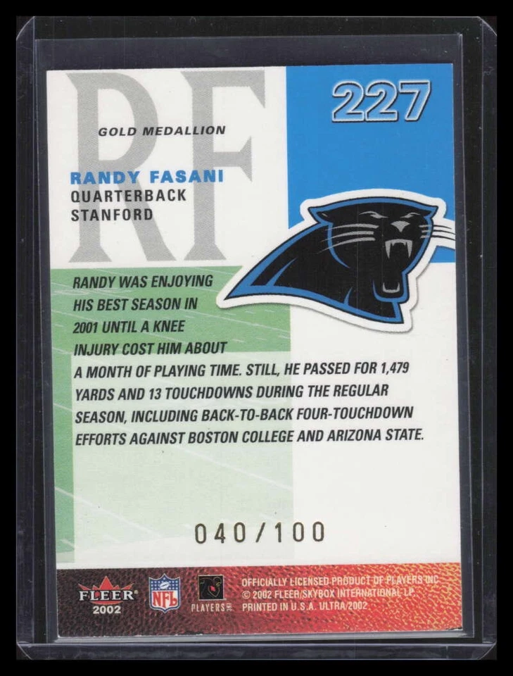2002 Ultra Gold Medallion 227 Randy Fasani Rookie 40/100 - Image 2 of 2
