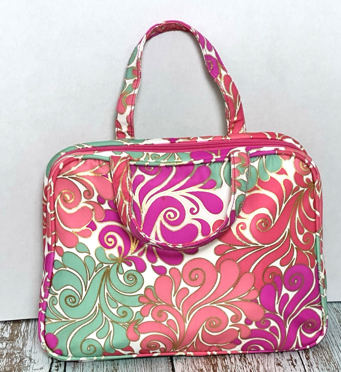 Modella Hanging Cosmetic Makeup Bag Pink & Teal Swirl Pattern Travel Organizer