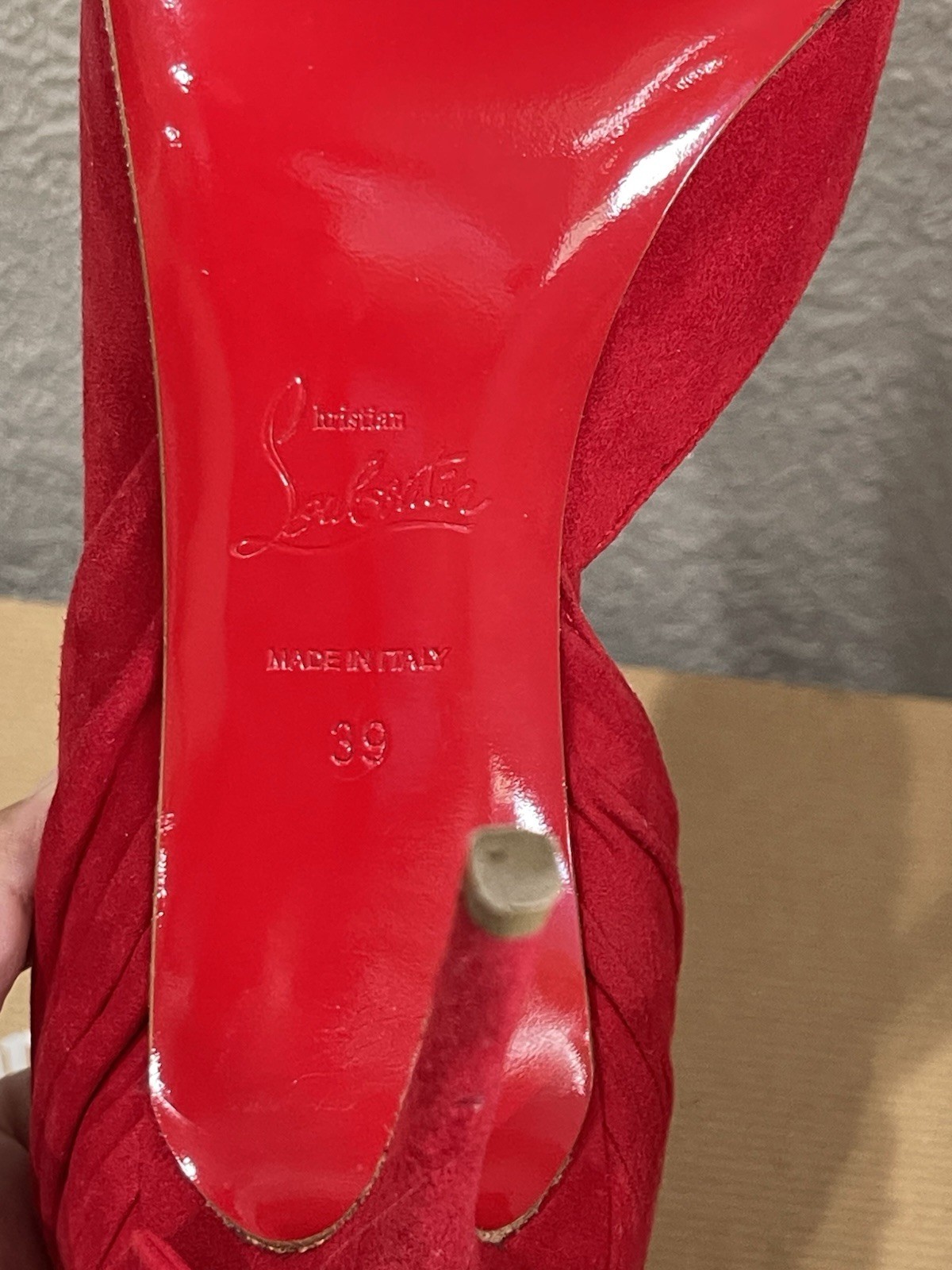 Cristian Louboutin Peep Toe Heels Red Suede Leather Women's Size 39 Barbara 100 image 7