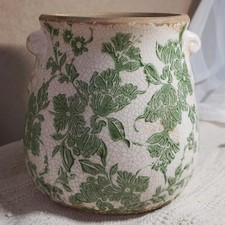 Vintage Green and White Ceramic Floral Vase Planter, Rustic Crackle Glaze Pot...