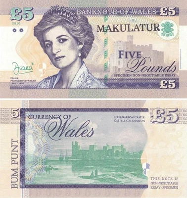 Wales, England; £5 Pounds 2016; Princess Diana UNC; Gabris Matej; MACULATUR - Image 1 of 4