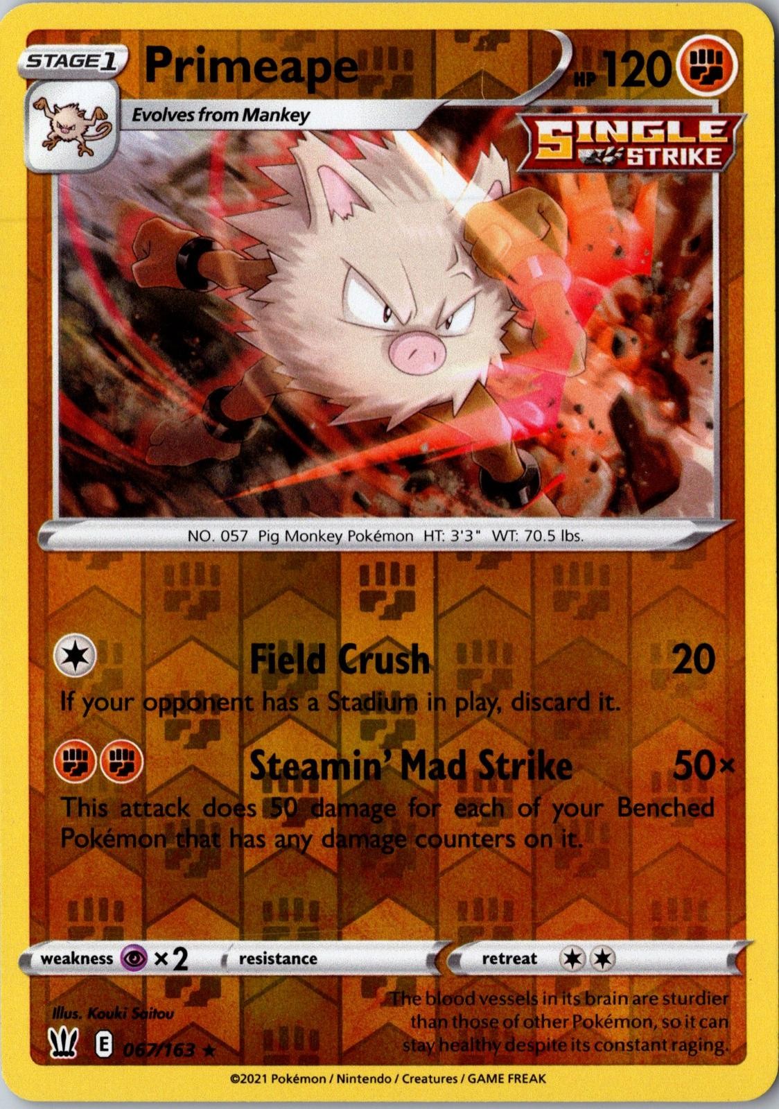 Primeape 067/163 Rare Battle Styles Pokemon Reverse Holo NM