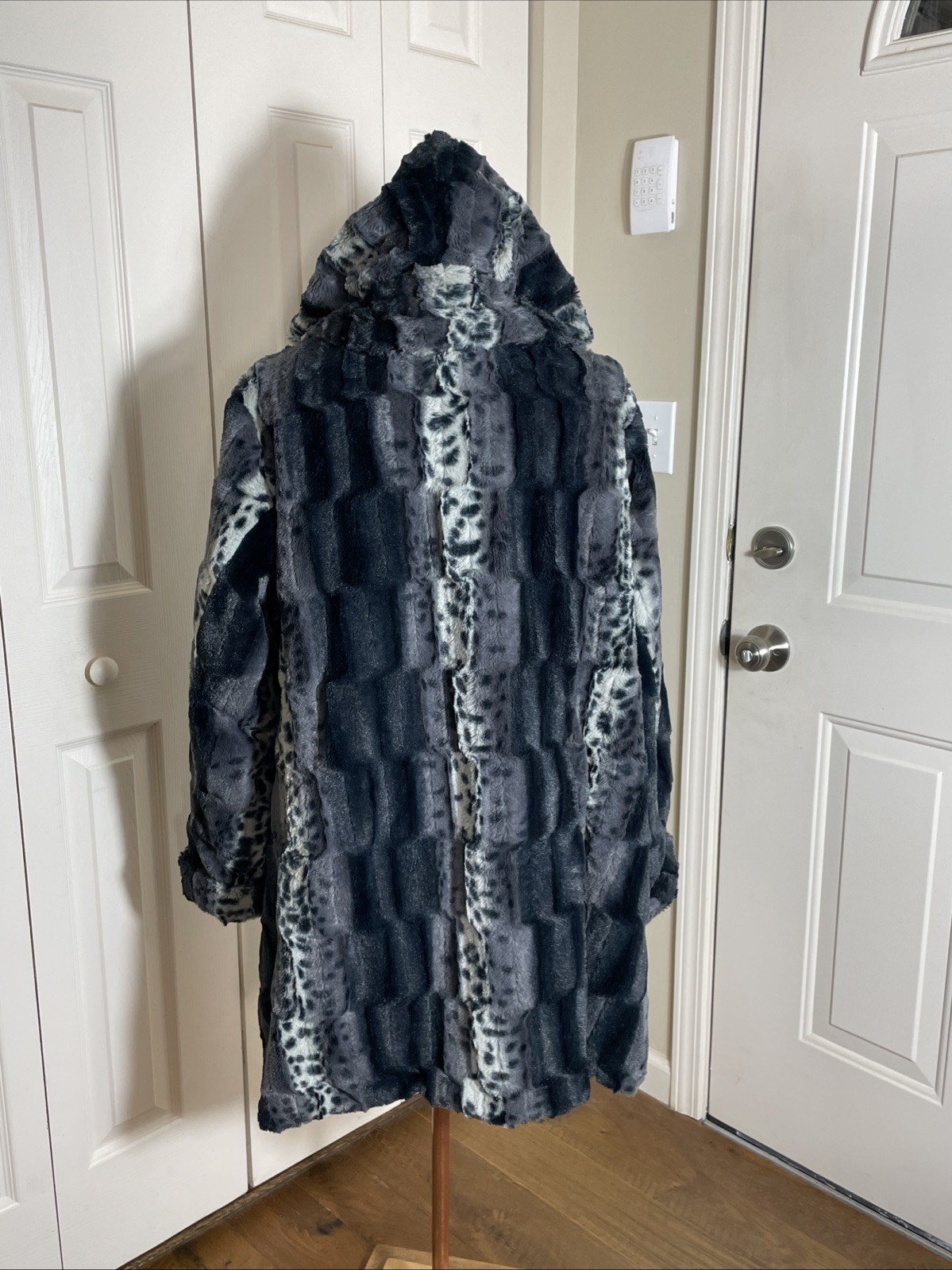 Dennis Basso Reversible Faux Fur Toggle Coat A228866 Black/Gray Detachable Hood