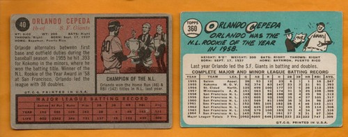 Lotto 2 carte Orlando Cepeda 1962 e 1965 Topps San Francisco Giants VGEX senza pieghe - Foto 2 di 2