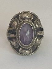 Vintage Or Older Silver And Amethyst Medieval Design Ring Size Q (Adjustable)
