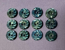 Set of 12 Vintage Small Blue Dyed Carved Mother of Pearl Buttons, 3/8" Dia.