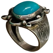1940s Sacred Navajo Blue Gem nevada Turquoise Hand Carved Thunderbird Ringsz10