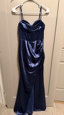 Windsor Navy Satin Formal Gown Sweetheart Spaghetti Straps S Zip