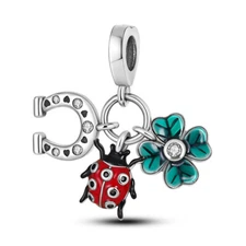 MULA European Silver Plated Charm CZ Enamel Four Leaf Ladybug For Women Bracelet