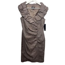 Adrianna Papell Dress Cocktail Party Old Money Size 8 Ruched Ruffles Brown Taup