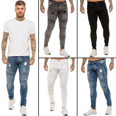 Enzo Slim Extensible Jeans Hommes Motard Déchiré Jeans Pantalon Tout Tailles UK