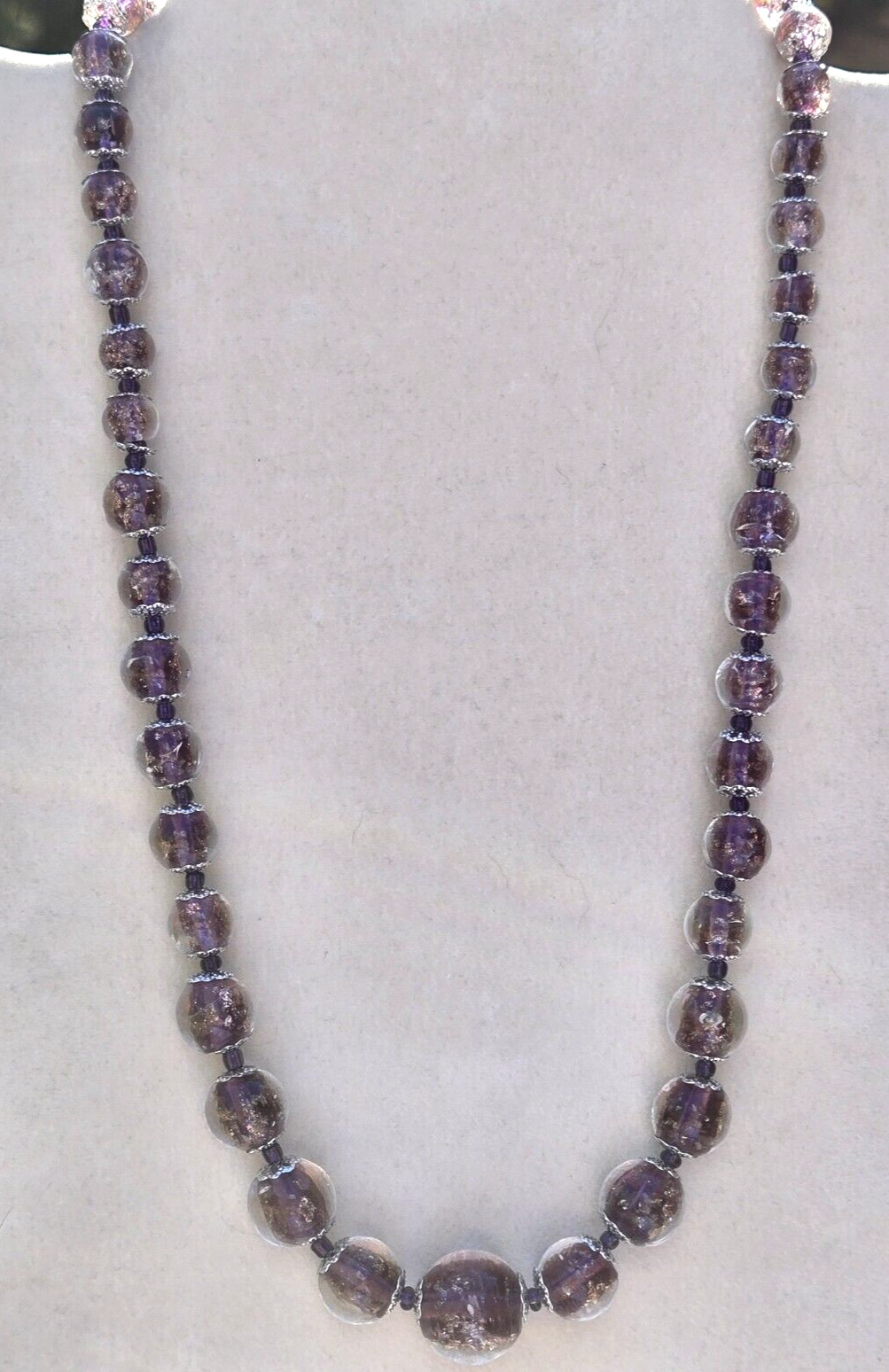 Purple Murano Style & Solid Purple Glass Beaded Necklace, Adj. 20-22 Inches