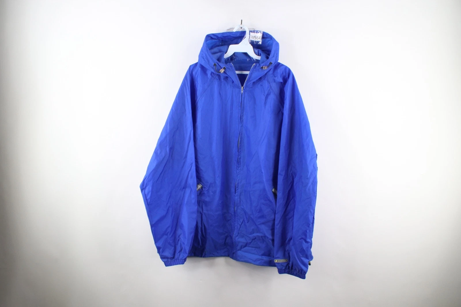 Vtg 90s Streetwear Mens 2XL Distressed Blank Packable Hooded Rain Jacket Blue