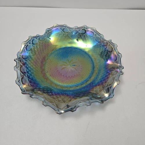 Vintage Indiana Glass Blue Iridescent Carnival Ruffled Diamond Cut Bowl Dish 10"