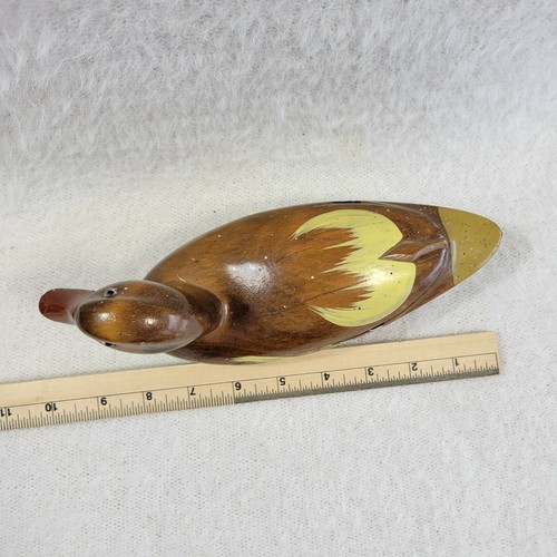Anatra vintage legno massello dipinto a mano decorativo caccia marrone 9" - Foto 6 di 7