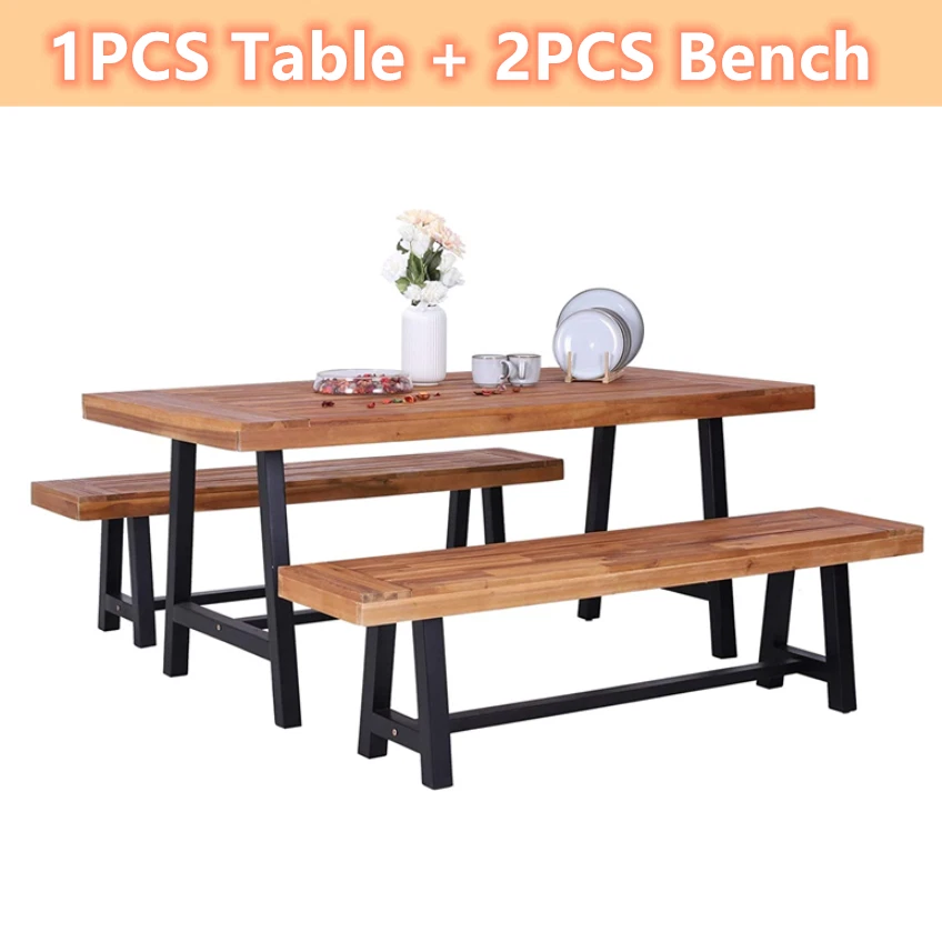 Juego de 3 mesas de comedor de madera para patio de teca para muebles de jardín Foto 2 de 4