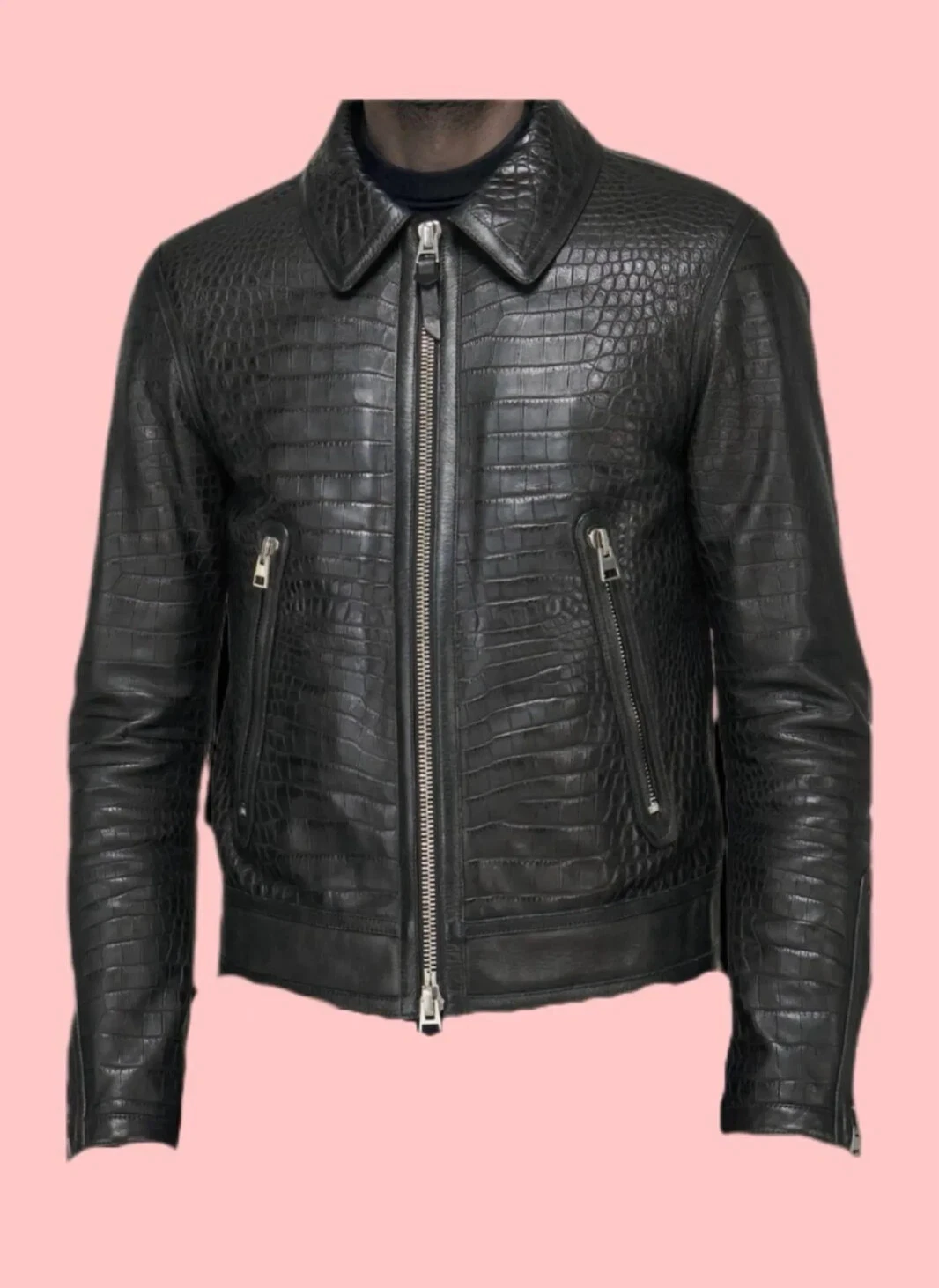 Men's Black Crocodile Embossed Genuine Leather Jacket Biker Fit Luxury Jacket