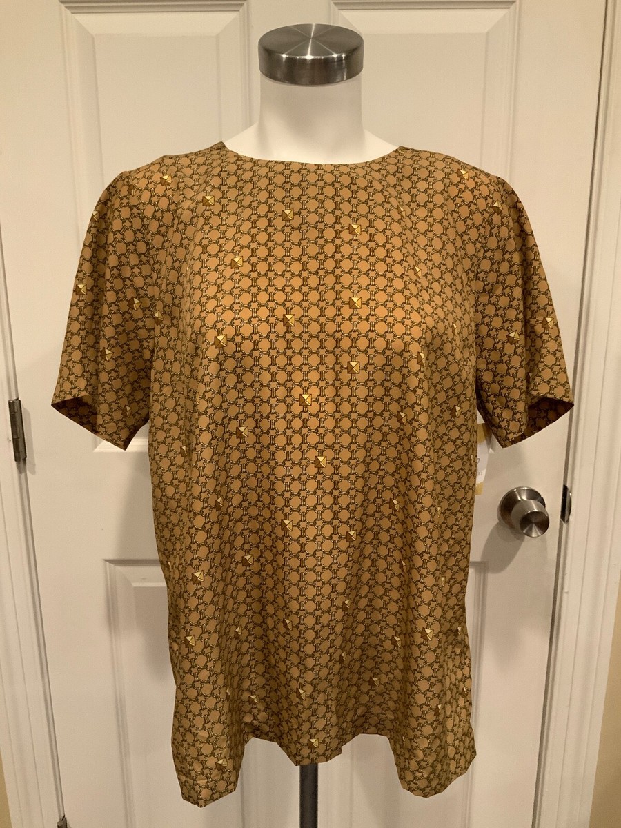 Michael Kors Light Brown Short Sleeve Blouse Shirt W/ Gold Chain Pattern,  Sz 12