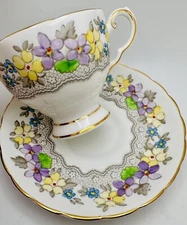 Vintage Tuscan Primrose Violets Floral Hand Painted Jeweled Cup & Saucer; Teacup