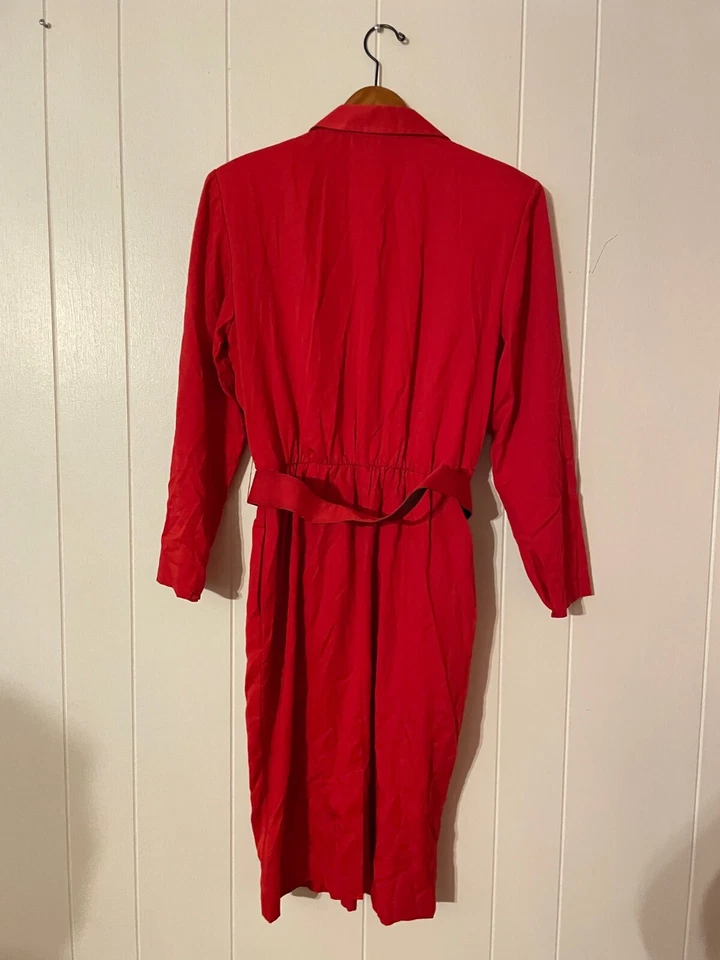 Vestido vintage para mujer talla 12 rojo plisado con cinturón secretaria dinero antiguo carrera años 80 Foto 3 de 4