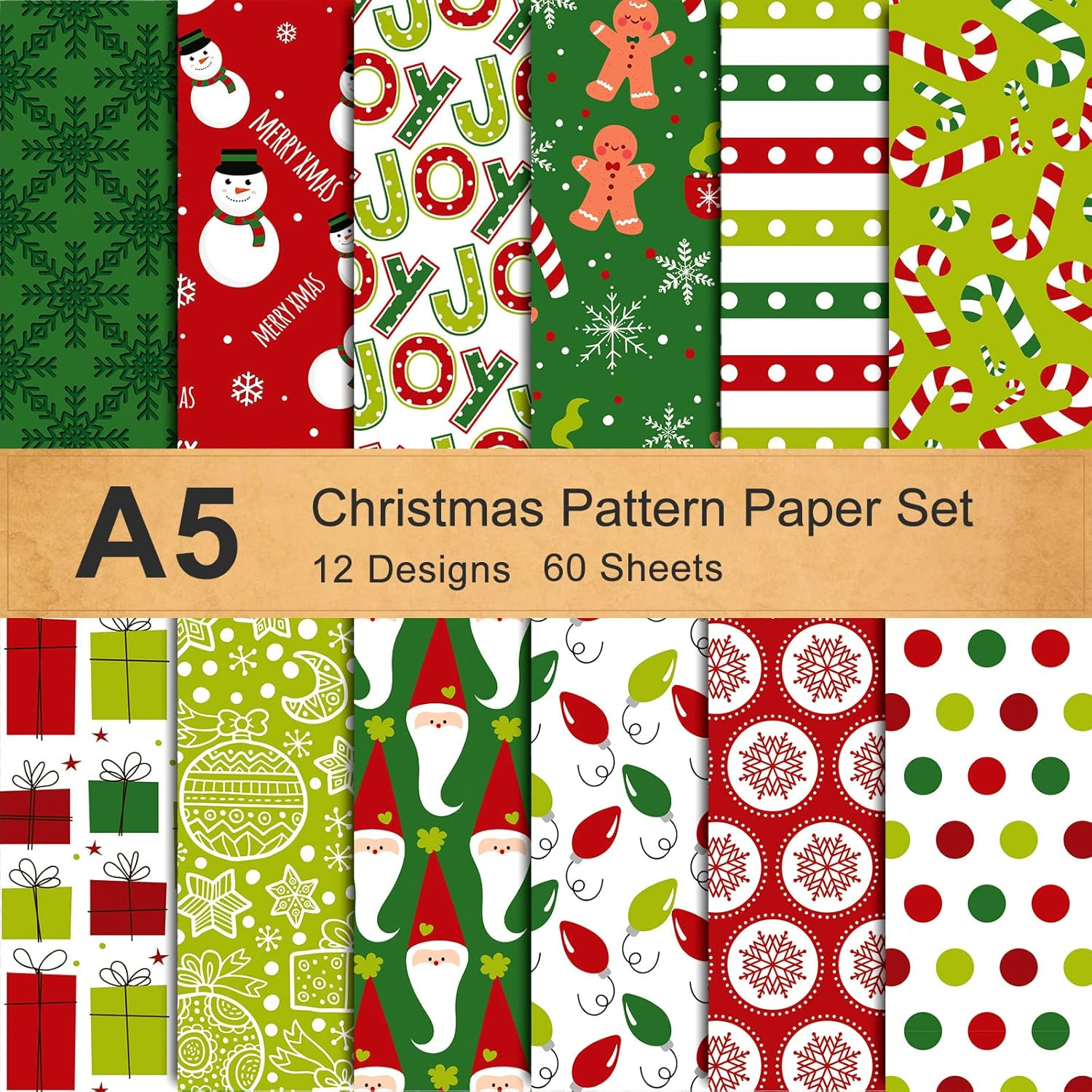 12 Designs Christmas Pattern Paper Set A5 Size 60 Sheet Snowman Santa Gingerbrea