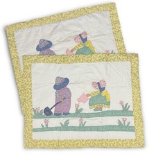 Vintage Set Pastel Cottage Floral Applique Quilt Tulips Gardening Pillow Shams