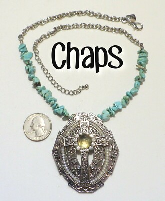 Stunning Signed CHAPS Turquoise Chip & Lg Filigree Cross Medallion Necklace 20''